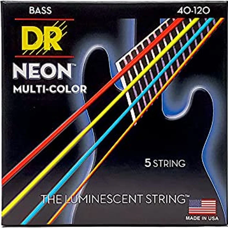DR Strings Hi-Def Neon Mehrfarbig NMCB5-40, E-Bass Saitensatz Light 40-120 für 5-Saiter mit K3-Beschichtung und UV-Effekt