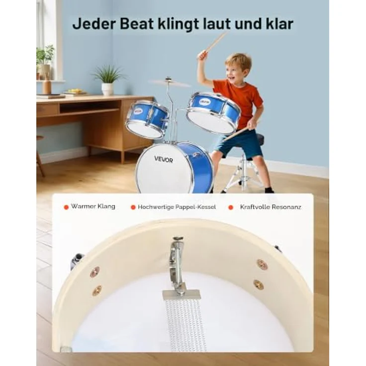VEVOR Schlagzeugset, 3-teiliges Anfänger Drum Kit mit 35,6 cm Basstrommel, 20,3 cm Tom-Tom, 25,4 cm Snare-Drum, verstellbare Drumsticks, für Kinder von 6–13 Jahren, blau – Bild 4