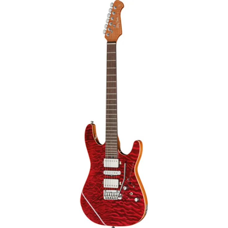 Harley Benton Fusion-IV HSH RW Quilt Raspberry Gloss, E-Gitarre mit Nyatoh Korpus, geröstetem Ahornhals und 24 Edelstahl Bünden