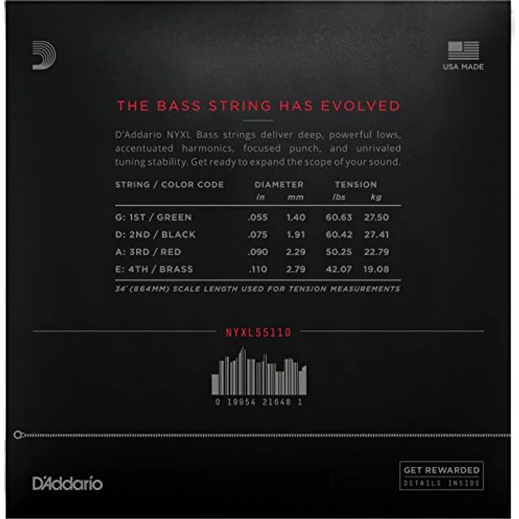 Daddario NYXL55110 Bass Set, Nickel Roundwound, "NY Steel" für längere Haltbarkeit und verbesserte Stimmstabilität, Saitenstärken 055-075-090-110, Long Scale – Bild 2