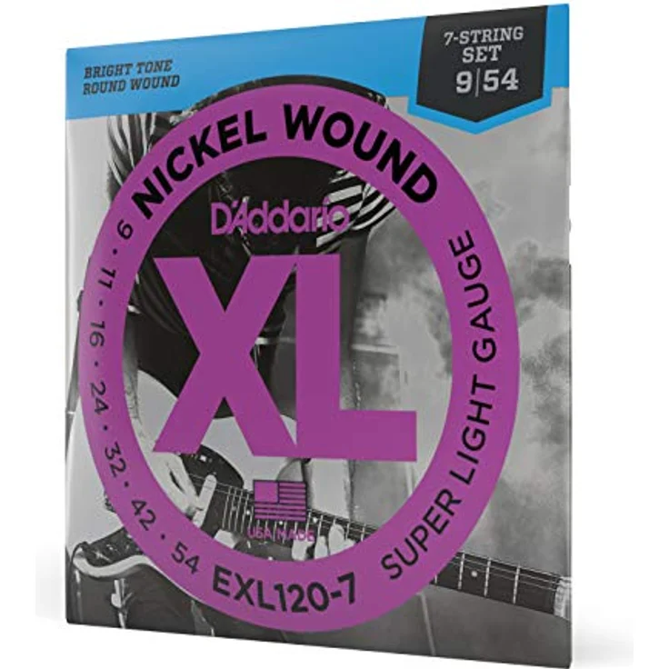D'Addario XL Nickel EXL120-7 E-Gitarrensaiten, 7-Saiter Set 09-54 mit vielseitigem, hellem Ton und patentiertem Hex-Core – Bild 1