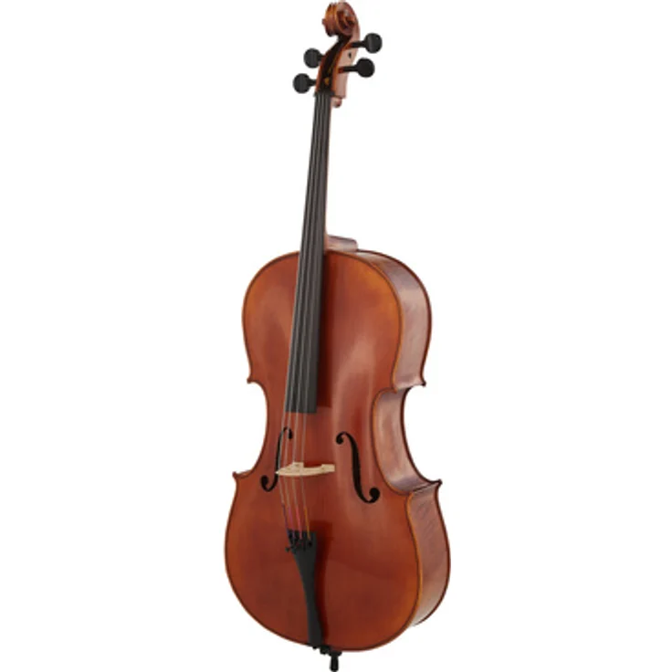 Gewa Maestro 31 Cello 4/4, aus massivem geflammtem Ahorn und Fichte, mit Ebenholzgriffbrett und Larsen Aurora Saiten, dunkelrotbraun lackiert