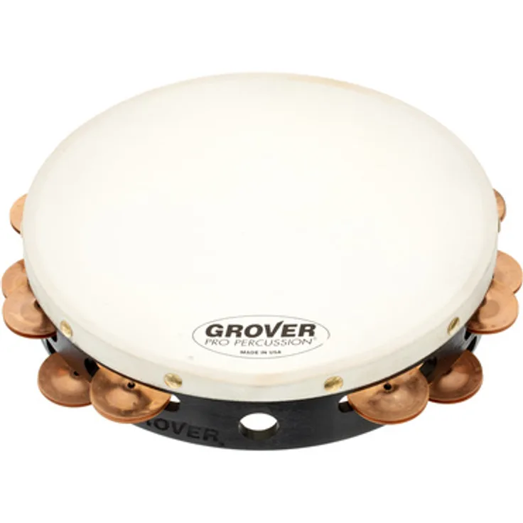 Grover Pro Percussion T2/BC Tambourine, 10" mit Beryllium Kupfer Schellen und weißem Naturfell, Hartholzkorpus