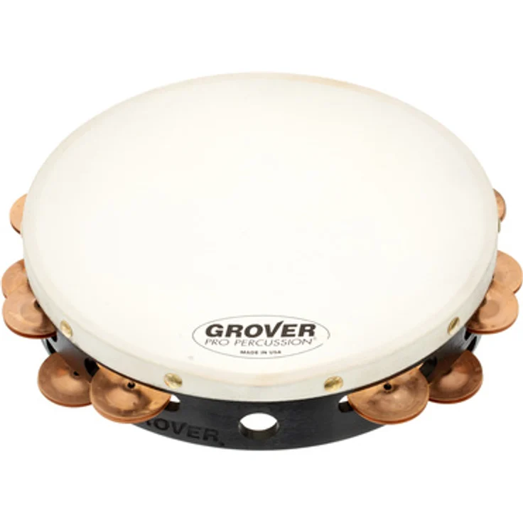 Grover Pro Percussion T2/BC Tambourine, 10" mit Beryllium Kupfer Schellen und weißem Naturfell, Hartholzkorpus