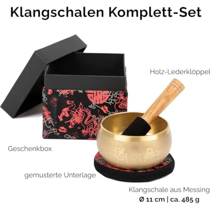 Bodhi Indische Klangschale Ø 11 cm, Messing mit Buddha Verzierung, Set inkl. Kissen, Klöppel & Geschenkbox, ideales spirituelles Geschenk in Gold/Holzfarben – Bild 3