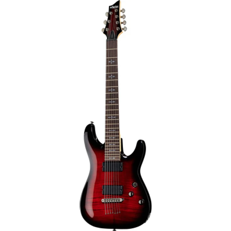 Schecter Demon-7 Crimson Red Burst, 7-saitige E-Gitarre mit flammender Ahorn-Decke, Wenge-Griffbrett und Schecter Diamond Active Tonabnehmern – Bild 1