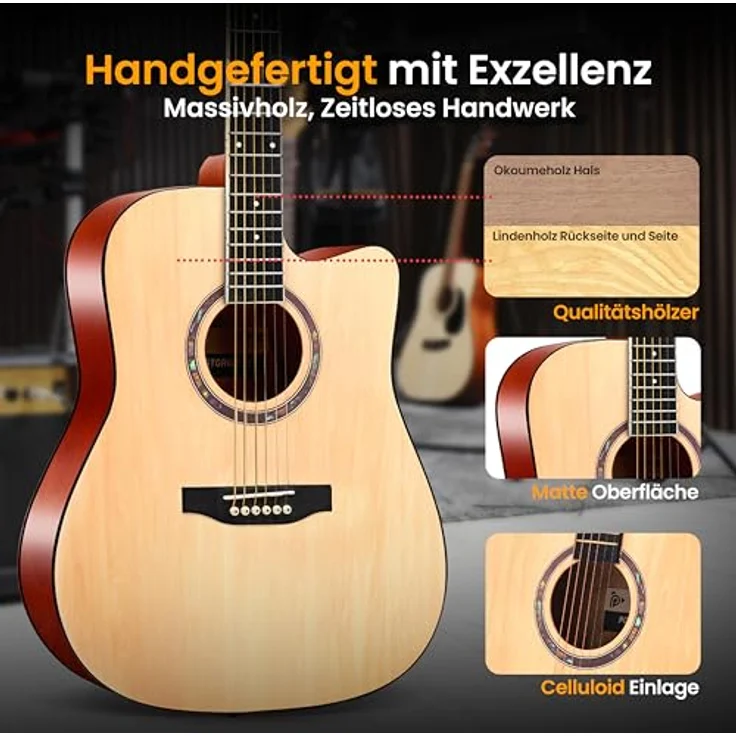 Pyle Cutaway Dreadnought Akustikgitarre, Vollformat Natur Matt-Finish, 6 Stahlsaiten, inkl. Gigbag, Stimmgerät, Plektren, Gurt, Kapodaster, für Anfänger und Erwachsene - Rechtshänder – Bild 4