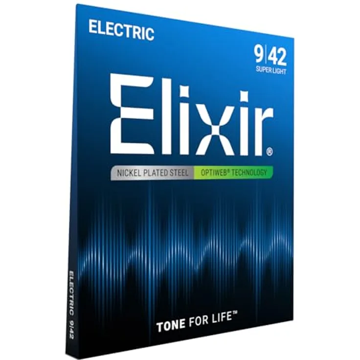 Elixir 19077 E-Gitarrensaiten, Super Light (.009-.042) mit OPTIWEB Beschichtung und nickelbeschichteter Stahl-Wicklung