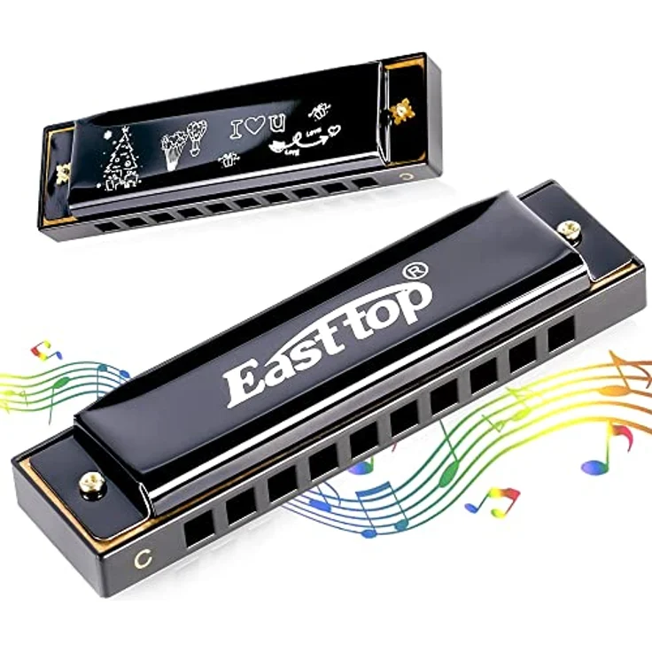 East top 10-Loch Happy Mundharmonika, Tonart C, mit gebogenem Edelstahldeckel, handgefertigt, schwarz, ideal für Anfänger und Profis, inklusive Geschenkverpackung und Koffer – Bild 1