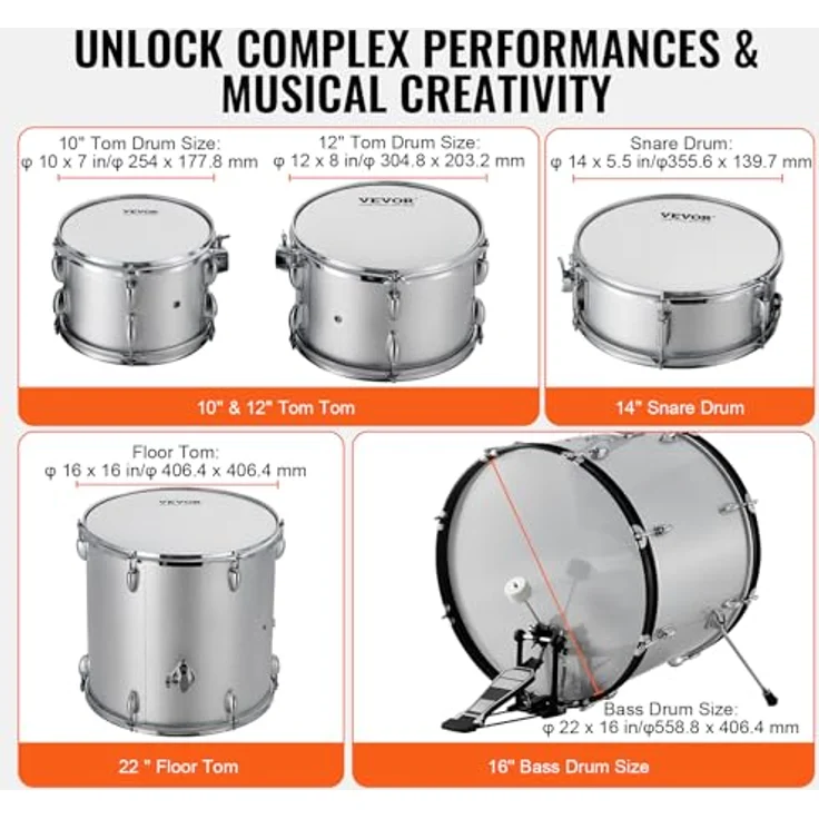 VEVOR 5-teiliges Schlagzeugset in Silber, mit Bass-Toms, Snare, verstellbaren Thronständern, Becken, Hi-Hat-Pedal und Drumsticks für Anfänger – Bild 3