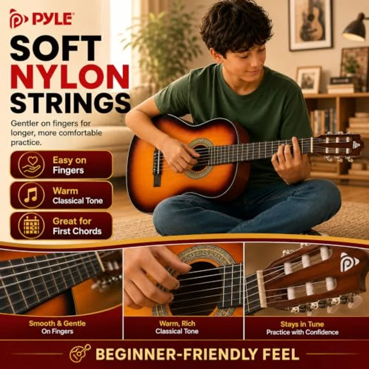 Pyle PGACLS82SUN.9 Akustikgitarre 6, 91.4 cm (36 Zoll), 3/4 Juniorgröße, Lindenholz, Sunburst, mit Gigbag, Stimmgerät, Nylonsaiten und Plektren für Anfänger – Bild 4