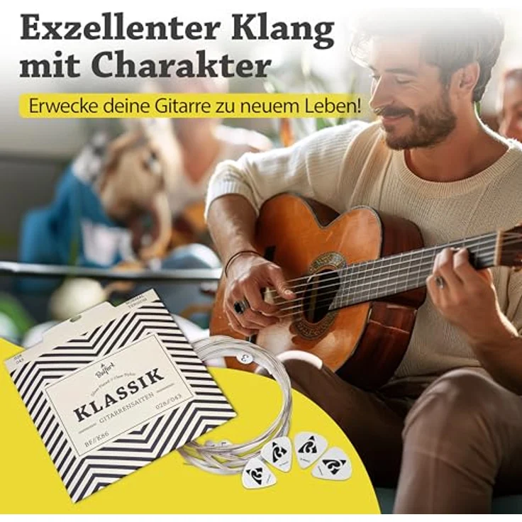 BELFORT® Gitarrensaiten Konzertgitarre, 6-Saiten Set aus Nylon und Silber mit 4 Plektren, extra hoher E-Saite für akustische Gitarre, ideal für Anfänger und Profis – Bild 2