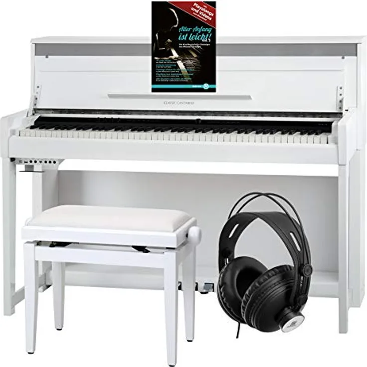 Classic Cantabile UP-1, Upright E-Piano mit 88 gewichteten Tasten, Ivory Touch, 256 Polyphonie, 40 Sounds, OLED Display, USB MP3 Recorder (Weiß matt, mit Zubehör)