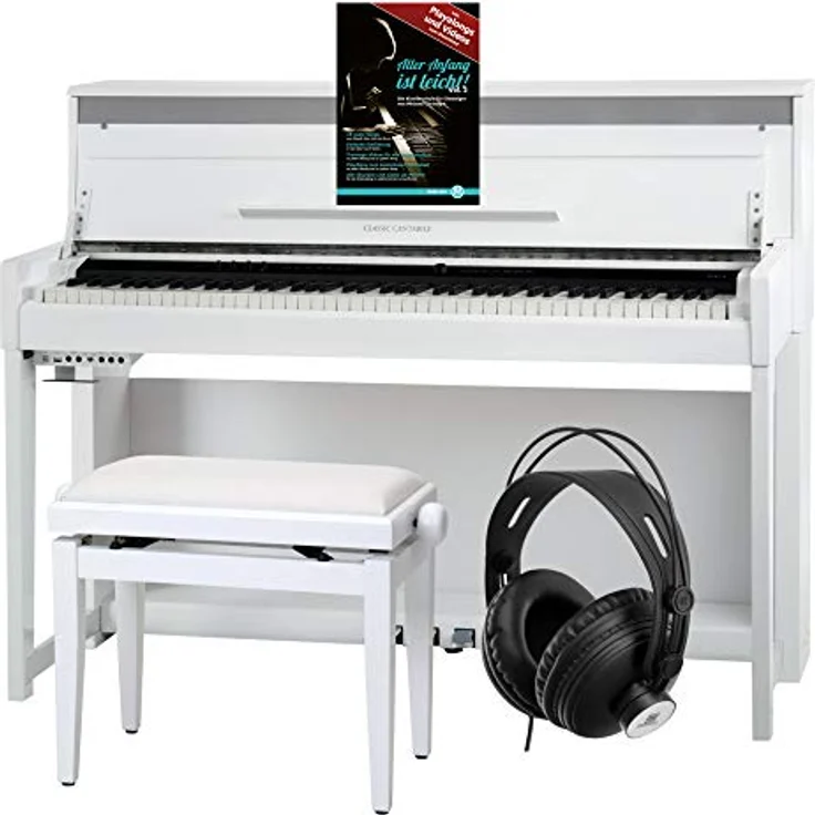 Classic Cantabile UP-1, Upright E-Piano mit 88 gewichteten Tasten, Ivory Touch, 256 Polyphonie, 40 Sounds, OLED Display, USB MP3 Recorder (Weiß matt, mit Zubehör) – Bild 1