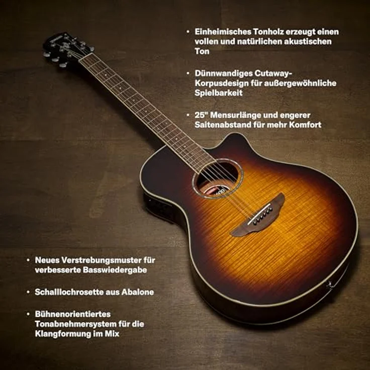 YAMAHA APX600FM Elektroakustik-Gitarre, Geflammte Ahorn-Decke, schlanker Thinline-Korpus, 25" Mensur, System65 Tonabnehmer mit EQ, integriertes Stimmgerät, Tobacco Brown Sunburst – Bild 4