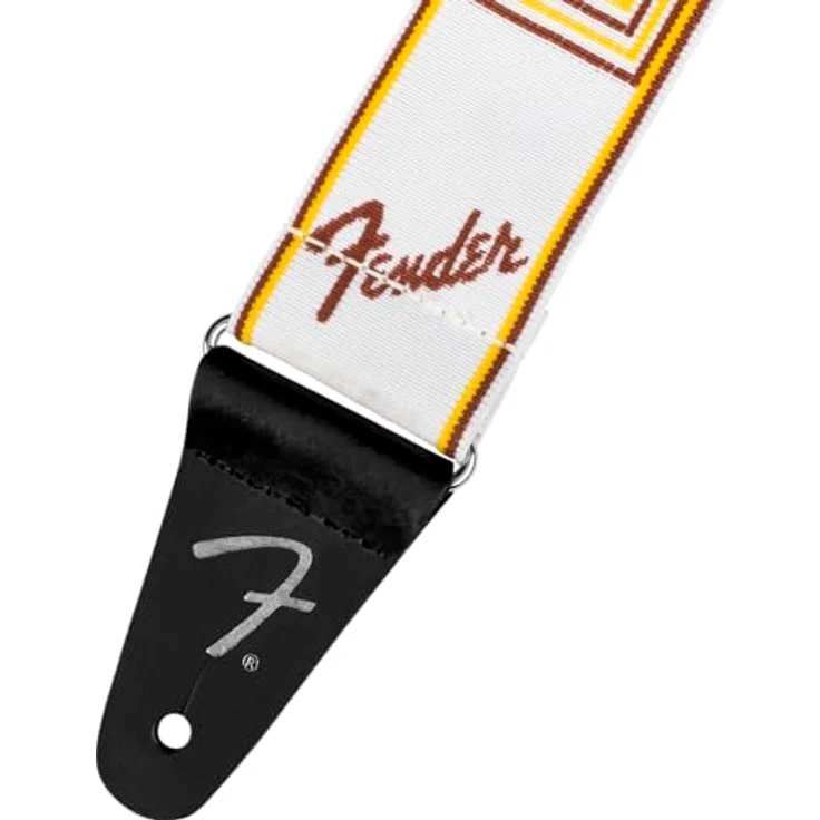Fender Weighless 2" Monogram Strap, Gitarrengurt aus Polyester mit Lederenden, verstellbar von 111 cm bis 133 cm, White/Brown/Yellow – Bild 2