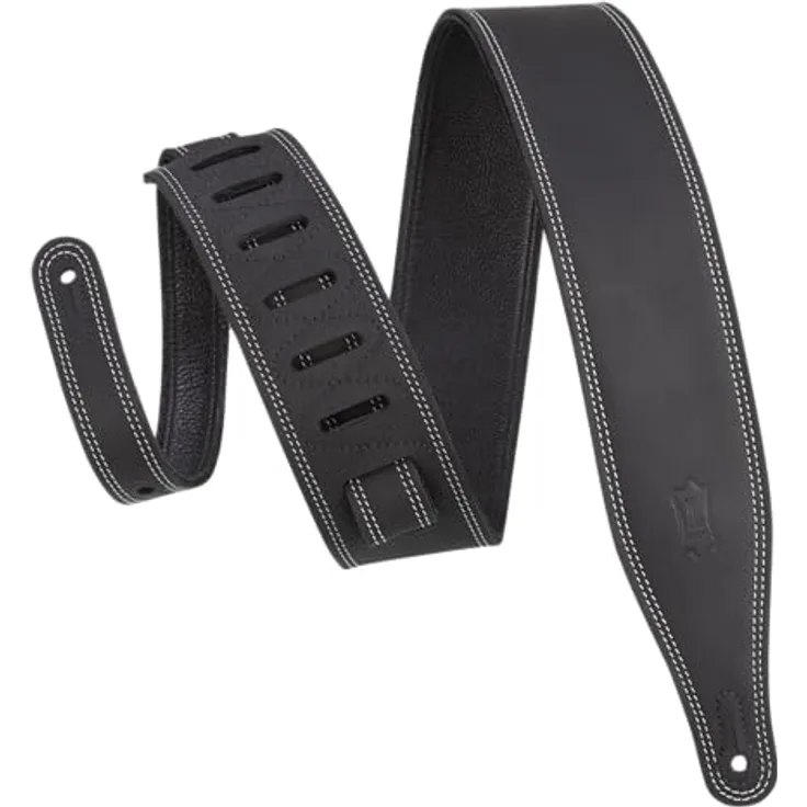Levys Butter Leather Strap 2,5"BK, Gitarrengurt aus Rindernubukleder, verstellbar von 109 cm bis 140 cm, schwarz mit weißen Doppelnähten