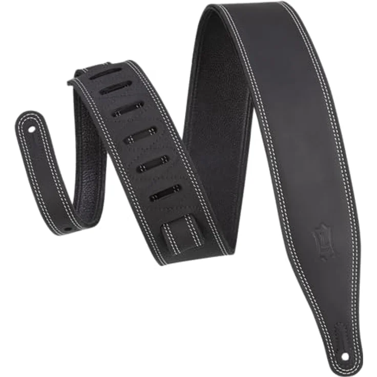 Levys Butter Leather Strap 2,5"BK, Gitarrengurt aus Rindernubukleder, verstellbar von 109 cm bis 140 cm, schwarz mit weißen Doppelnähten – Bild 1