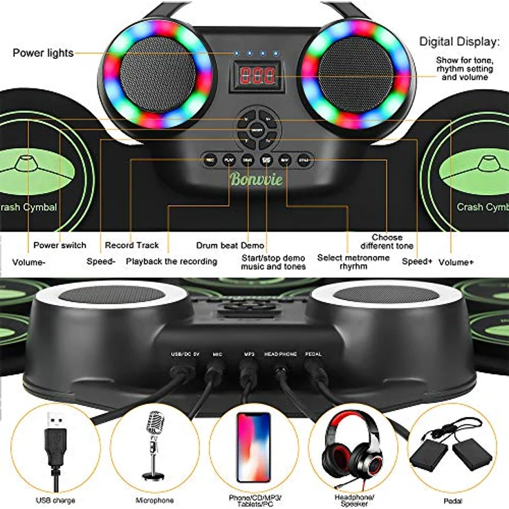 Bonvvie G6001 E-Drum Kit, tragbare digitale Rollentrommel mit 9 Pads, MIDI, eingebauten Lautsprechern, wiederaufladbarem Akku, ideal für Kinder und Anfänger – Bild 3