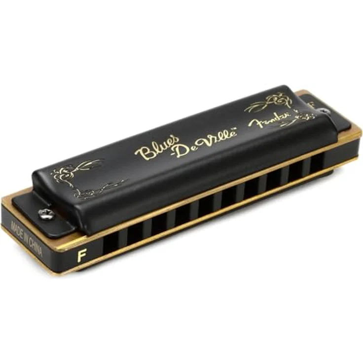 Fender Blues Deville Harp F, Mundharmonika in F-Dur mit Kunststoff Kanzellenkorpus und Messingstimmplatten, schwarz-goldenes Design, inkl. Kunststoffcase – Bild 1