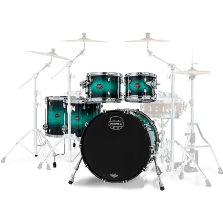 Mapex Saturn VI Stage+ Kesselsatz, Marine Teal Burst, 6-lagige Ahorn-Walnussholz-Kessel mit Chrom Hardware und SONIClear System