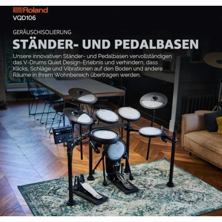 Roland VQD106 Drum Kit, E-Drum Set mit 75% Lautstärke-Reduktion, 25 Preset Kits, Bluetooth, inklusive neuartigen VQD Pads und 4-strebigem Racksystem – Bild 5