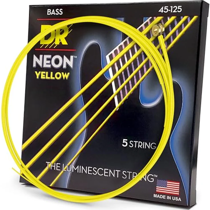 DR Strings Hi-Def Neon Gelb NYB5-45, E-Bass Saiten Medium 45-125 für 5-Saiter, UV-reaktiv mit K3-Beschichtung – Bild 1