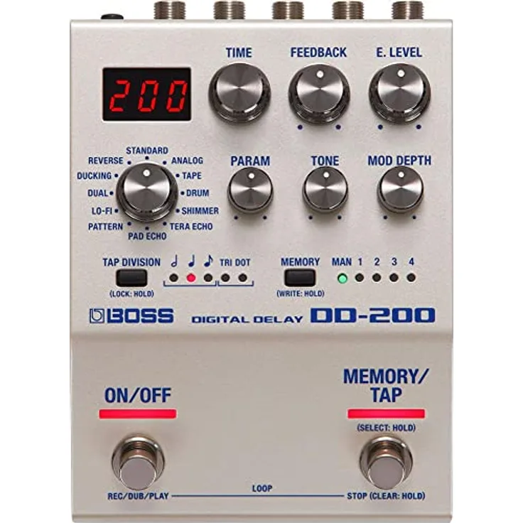 BOSS DD-200 Digitales Delay-Pedal, klarer und resonanter Ton, robuste Materialien, schnelle Hands-On-Steuerung