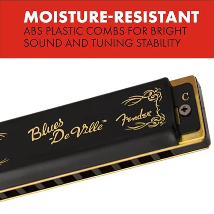 Fender Blues Deville Harp Bb, Mundharmonika in Bb-Dur mit Kunststoff Kanzellenkorpus und Messingstimmplatten, schwarz-goldenes Deckeldesign, inkl. Kunststoffcase – Bild 3