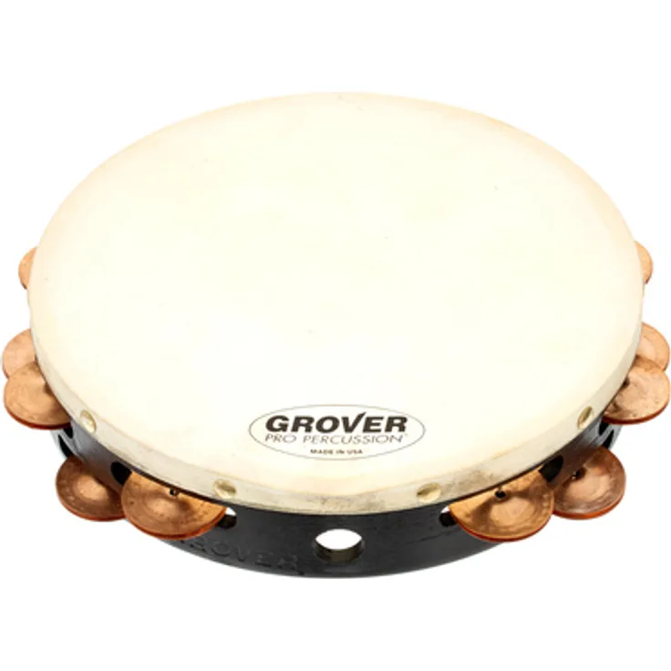 Grover Pro Percussion T2/PhBr Tambourine, 10" mit Phosphor Bronze Schellen und weißem Naturfell, massiver Hartholzkorpus, inkl. Tasche