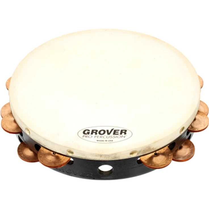 Grover Pro Percussion T2/PhBr Tambourine, 10" mit Phosphor Bronze Schellen und weißem Naturfell, massiver Hartholzkorpus, inkl. Tasche