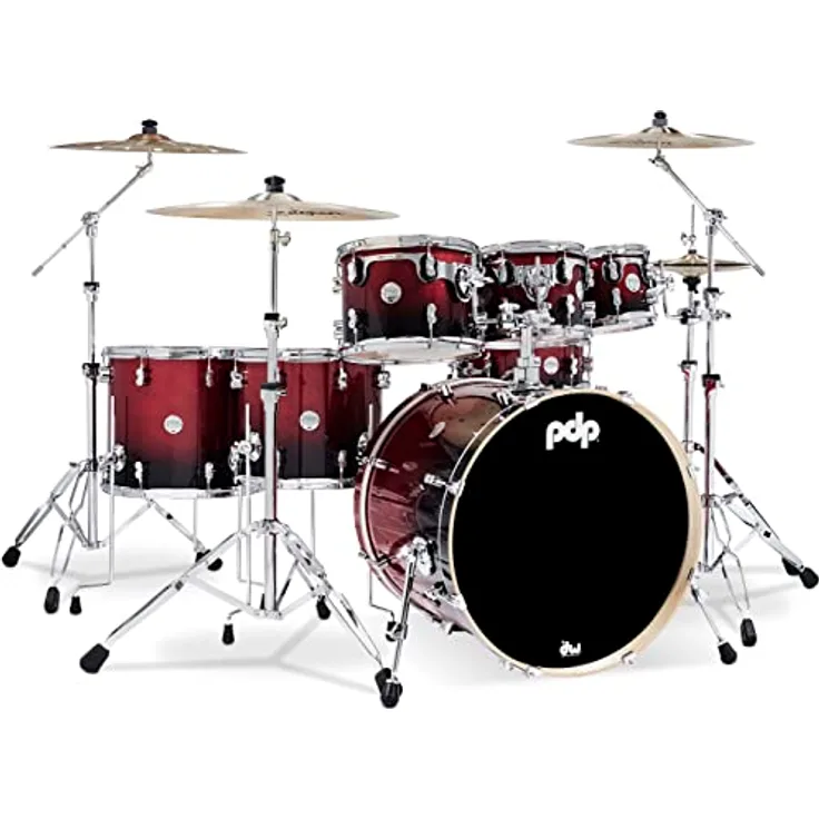 DW PDP CM7 Concept Maple, Schlagzeug-Set in Red to Black Sparkle Fade, 7-lagiges Ahornholz, Rock Version mit 22"x18" Bass Drum