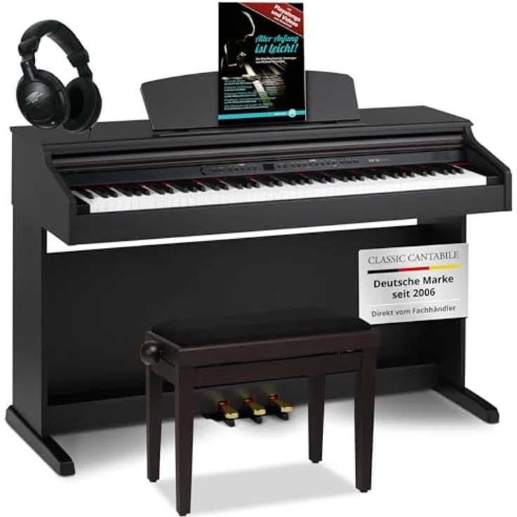Classic Cantabile DP-50 E-Piano, digitales Klavier mit 88 gewichteten Tasten, Hammermechanik, 14 Voices, USB-Anschluss, 3 Pedalen und Notenhalter, Rosenholz, Set mit Zubehör – Bild 1