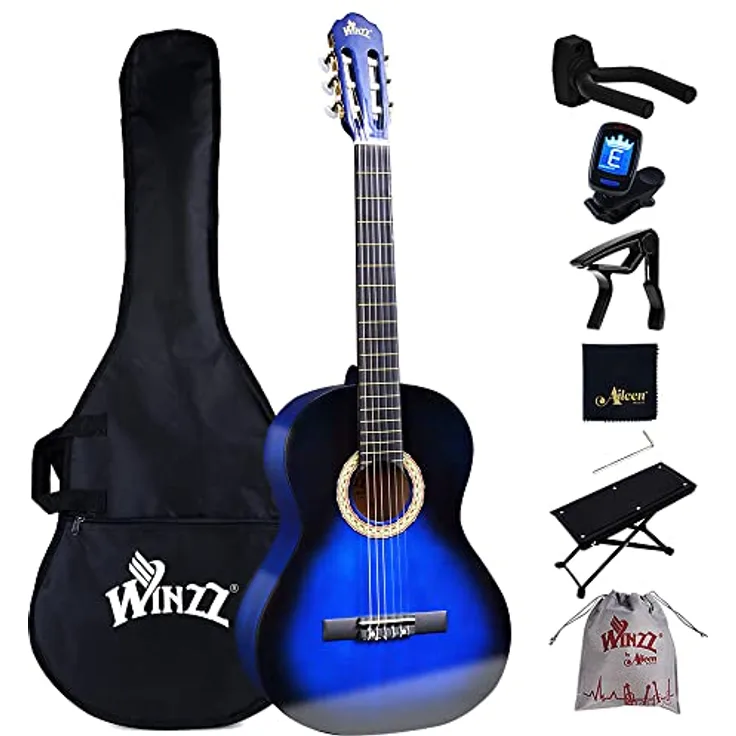 Winzz Konzertgitarre 4/4 Anfänger Set, 39 Zoll Klassische Gitarre mit Nylonsaiten für Erwachsene und Kinder ab 11 Jahren, Blau, inkl. Zubehör wie Gig Bag, E-Tuner und Fußbank