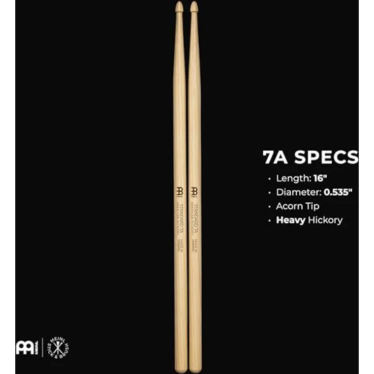 Meinl 7A Standard Hickory Drumsticks, schwer, 406 mm, eichelförmiger Holzkopf, made in Germany – Bild 3