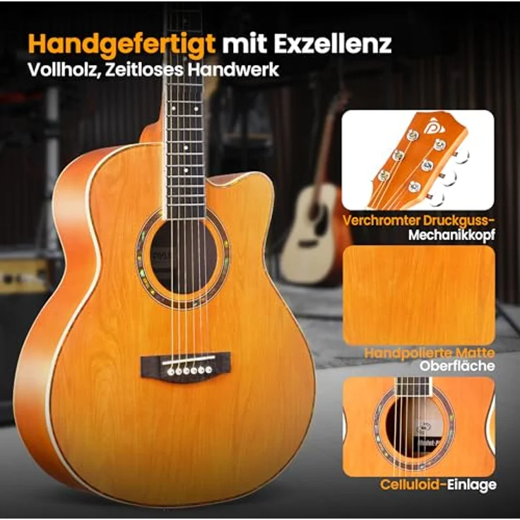 Pyle 3/4 Akustikgitarren-Set mit Stahlsaiten, Lindenholz, matt schwarz, inklusive Gigbag, Stimmgerät, Ersatzsaiten und Zubehör – Bild 4