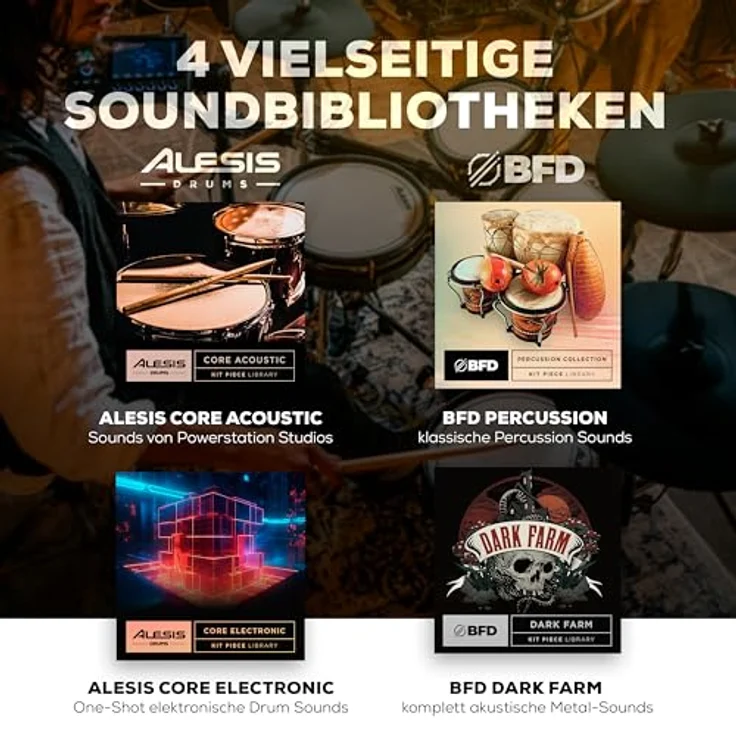 Alesis Strata Core E-Drum Kit, professionelles E-Drum Set mit 7" Touch Display, BFD3 Sound Engine, 370 Kit Pieces, Mesh-Pads und 25 GB Speicher – Bild 6
