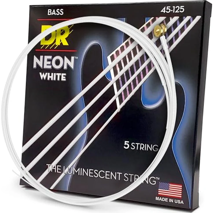DR Strings Hi-Def Neon Weiß NWB5-45 – E-Bass-Saiten Medium 45-125, 5-Saiter mit K3-Beschichtung für mehr Klarheit und Projektion – Bild 1