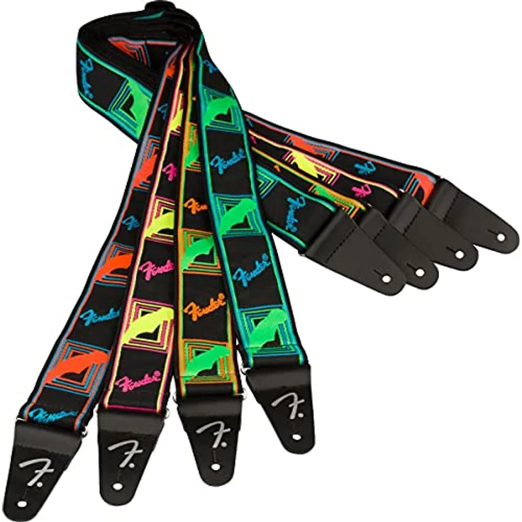 Fender Neon Monogrammed Strap, Gitarrengurt aus reißfestem Polypropylen mit Lederenden, verstellbar von 86 cm bis 149 cm, Neon Gelb/Pink – Bild 4