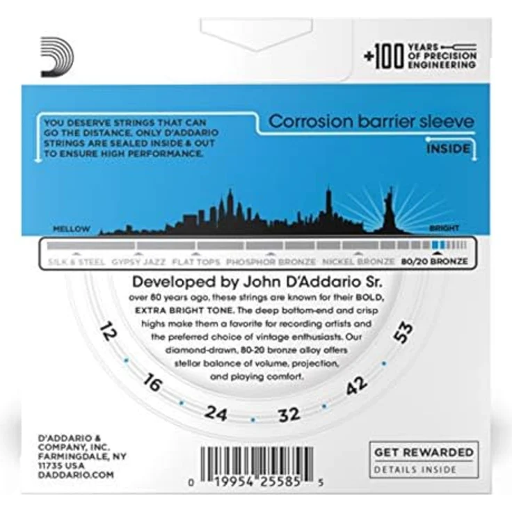 D'Addario EJ11-3D 80/20 Bronze Akustikgitarrensaiten, Light, 12-53, 3 Sets - Präzise gewickelt für kräftigen, hellen Klang, hergestellt in den USA – Bild 2