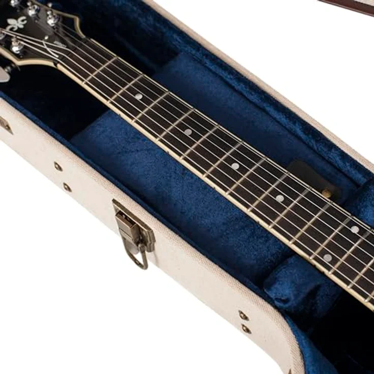 Gator Journeyman Semi-Hollow, Gitarrenkoffer für Semi Hollow E-Gitarre, Beige/Braun mit antiken Messingbeschlägen und blauen Knautschsamt-Innenfutter – Bild 9