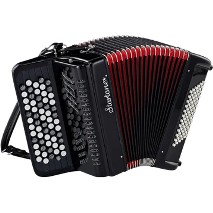 Startone Accordion B-Handle Black, Knopf-Akkordeon mit 72 Bässen, 62 Diskantknöpfen in 5 Reihen, schwarz mit rotem Balg, inkl. Trageriemen und Gig Bag