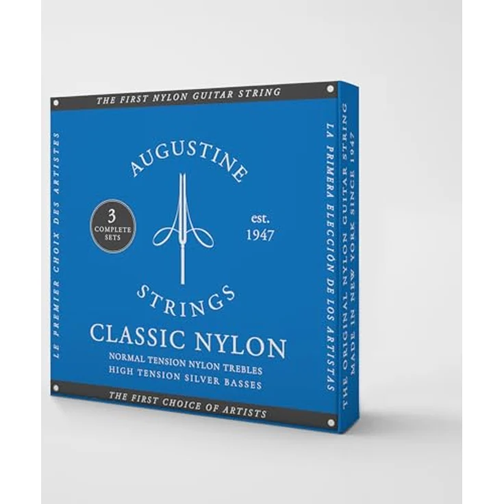 Augustine Klassikgitarre-Saiten Classic Blue, 3x Satz mit normalen Diskantsaiten und hohen Basssaiten aus Nylon, Vintage-Sound – Bild 1