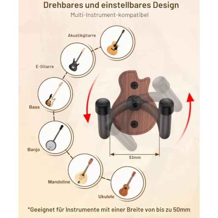 New Bee Gitarrenwandhalter U-Form, ABS-Basis, platzsparende Wandhalterung für Gitarre, Bass und Saiteninstrumente, drehbar und robust – Bild 3