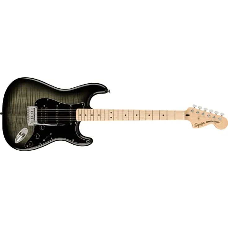 Squier Affinity Strat FM HSSBB, E-Gitarre mit geflammter Ahorn-Decke, 1 Humbucker und 2 Single Coils, Black Burst