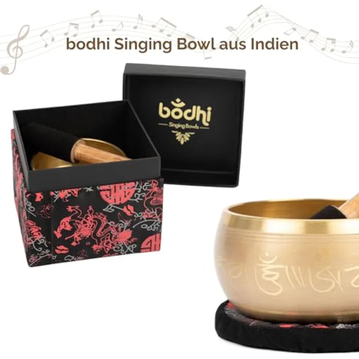 Bodhi Indische Klangschale Ø 11 cm, Messing mit Buddha Verzierung, Set inkl. Kissen, Klöppel & Geschenkbox, ideales spirituelles Geschenk in Gold/Holzfarben – Bild 2