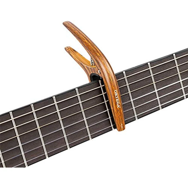 Ortega TWCAPO-WND Walnuss Kapodaster, universell einsetzbar für Westerngitarre, E-Gitarre und Konzertgitarre bis 52mm, mit Silikonpolster, Aluminium-Legierung – Bild 2