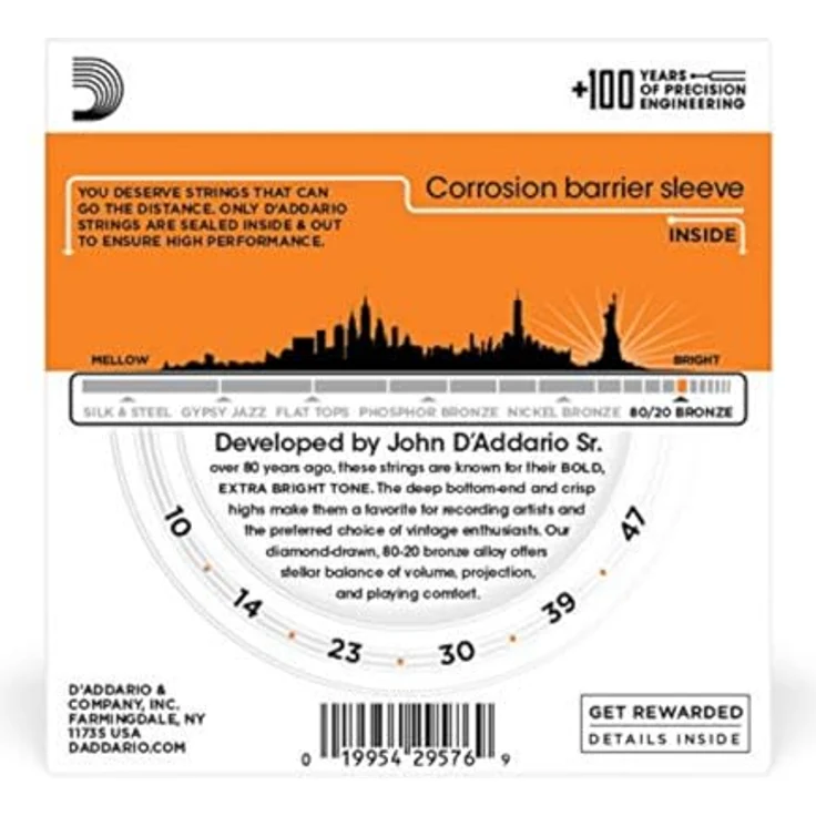D'Addario EJ10-3D 80/20 Bronze Akustikgitarrensaiten, Extra Light, 10-47, 3 Sets, kräftiger, heller Klang, hergestellt in den USA – Bild 2