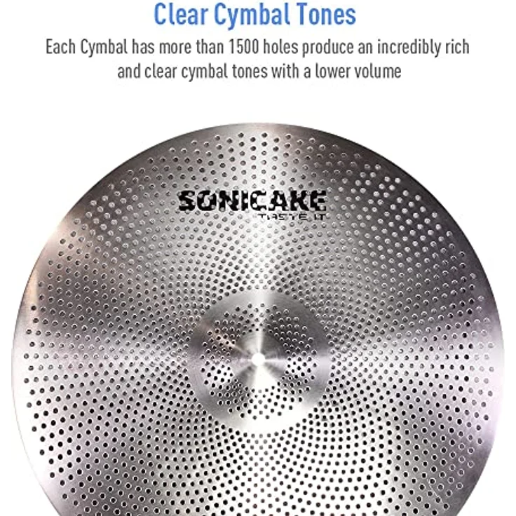 SONICAKE Cymbal Set, 14" HiHat + 16" Crash + 18" Crash + 20" Ride, leises Schlagzeugbecken-Set, silber, 5 Stück – Bild 5