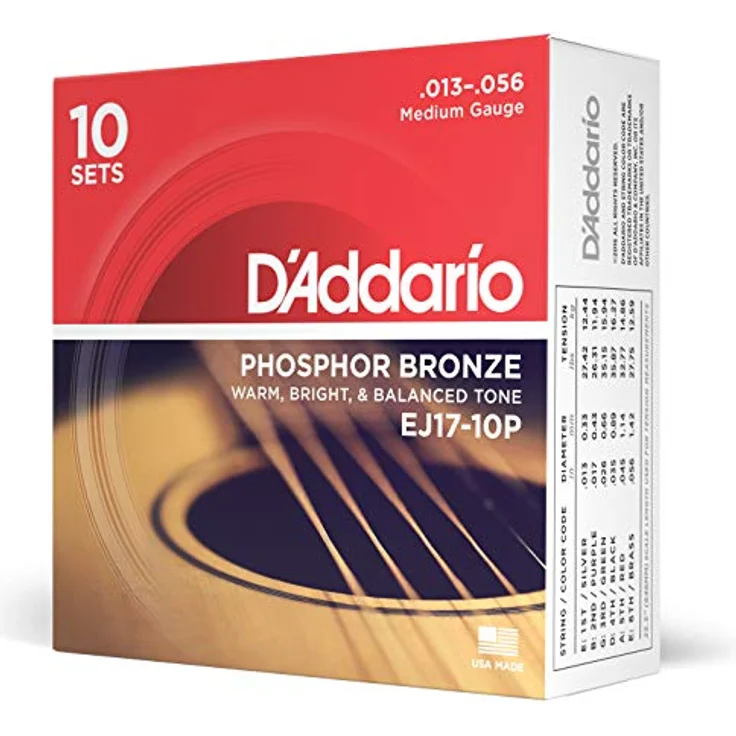 D'Addario EJ17-10P Phosphorbronze-Saiten für Akustikgitarren, Medium 13-56, korrosionsbeständig, 10 Sets – Bild 1